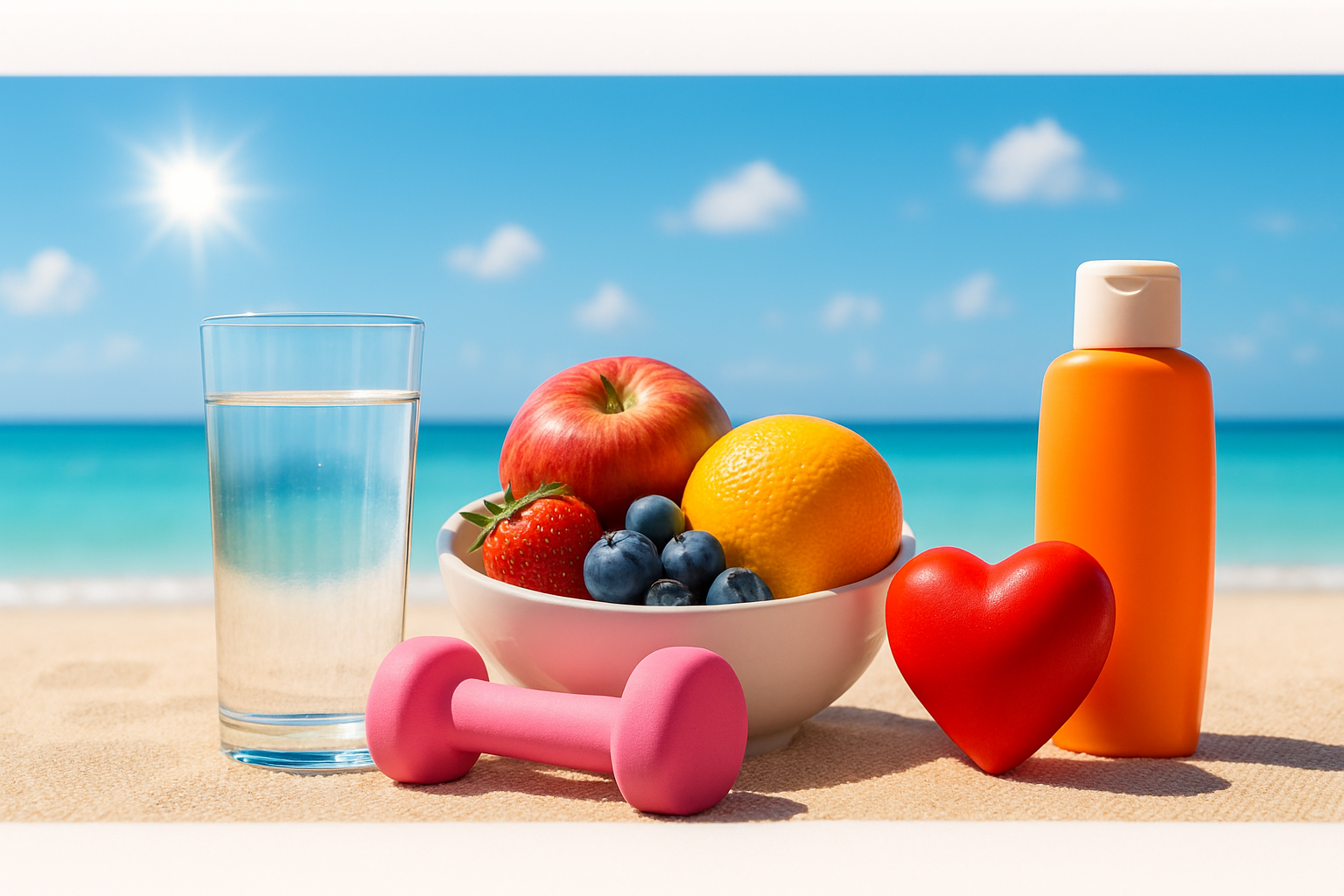 Beneath a bright sunny blue sky A crystalclear glass of water sparkles in the sunlight on the beach white sand reflecting the warm rays Beside it a colorful bowl brimming with fresh juicy fruitsapple orange strawberry blueberryadds a pop of color Del-3