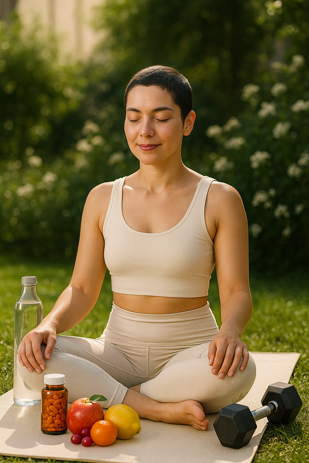 Create a strikingly realistic image that captures the essence of health illustrating the profound journey of disease treatment and recovery In a serene environment bathed in gentle sunlight a bald woman emanates a sense of positivity as she sits cros-3