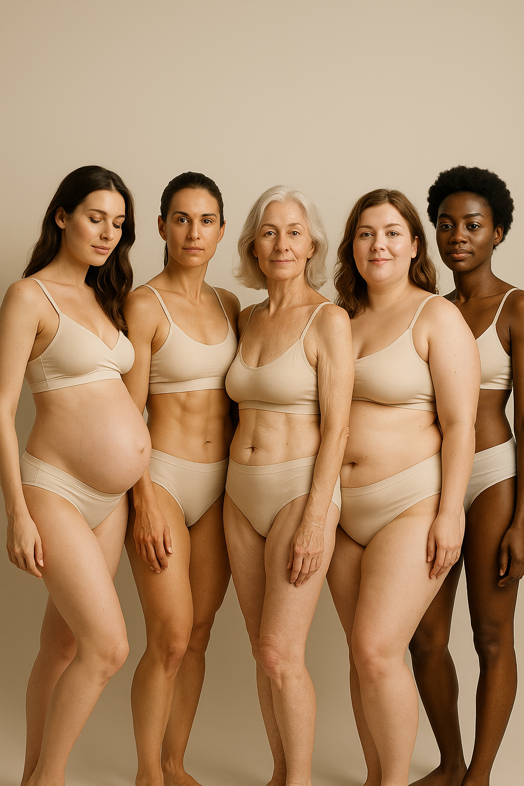 Create an image that captures a diverse group of five women each showcasing a unique body type while wearing subtle beige or white underwear The first woman is pregnant exuding an air of elegance Next to her a second woman displays an athletic build