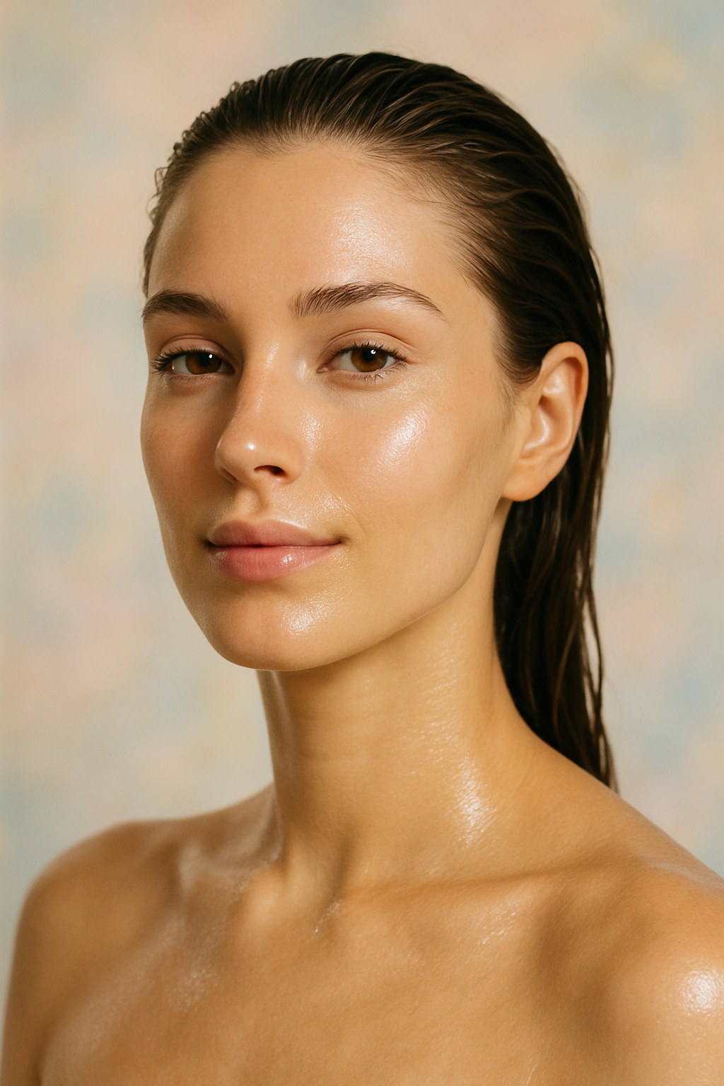 Imagine a closeup portrait of a woman with radiant flawless skin that glows with health the hair is hold back looks like she just took shower The background is a gentle blur of pastel colors enhancing her beauty Soft natural light bathes her face cre-1