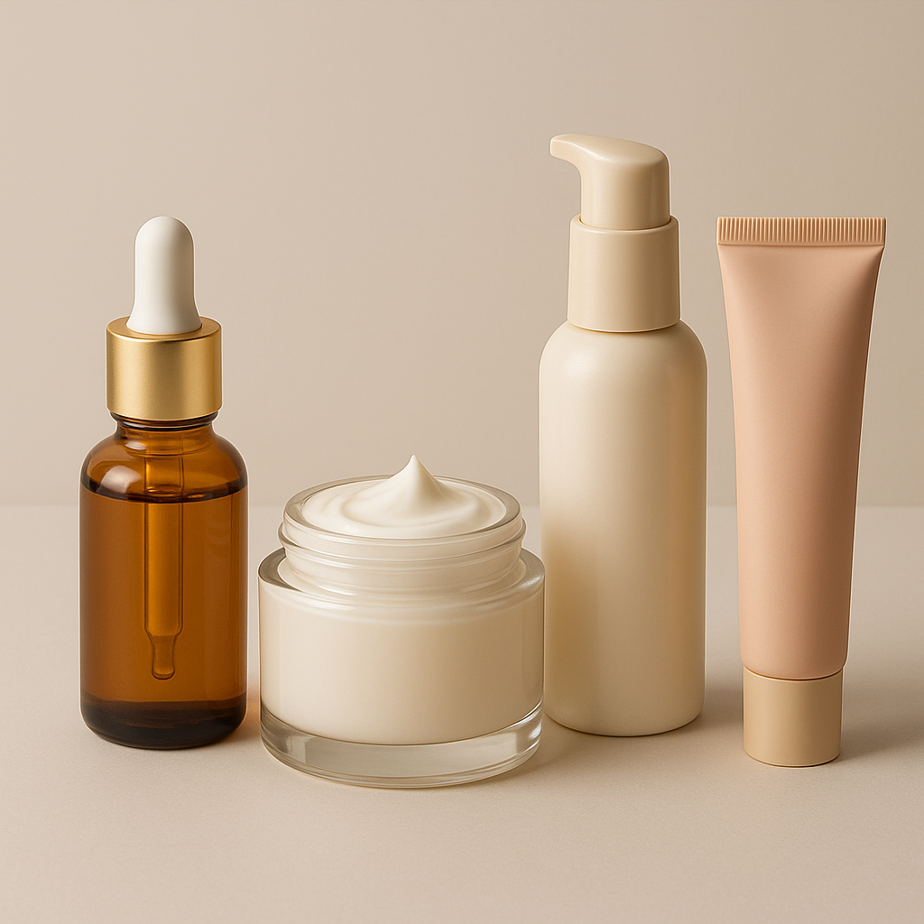 The image showcases an array of cosmetics presented in various innovative packaging formats highlighting the versatility of modern beauty products Among the display you can find a sleek glass serum bottle featuring a dropper for precise application a