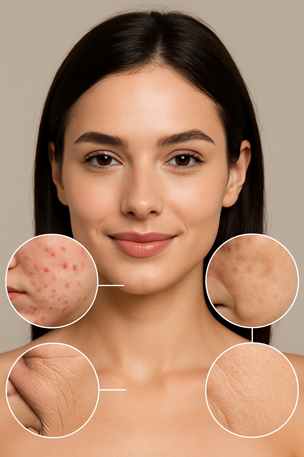 generate an image of a brunnet womans face with a beautiful skin which does not have melasma nor acne and from that face add lines that bring to 4 circles inside of each circle add an image of a skin with inflammatory acne in the other circle add an-1